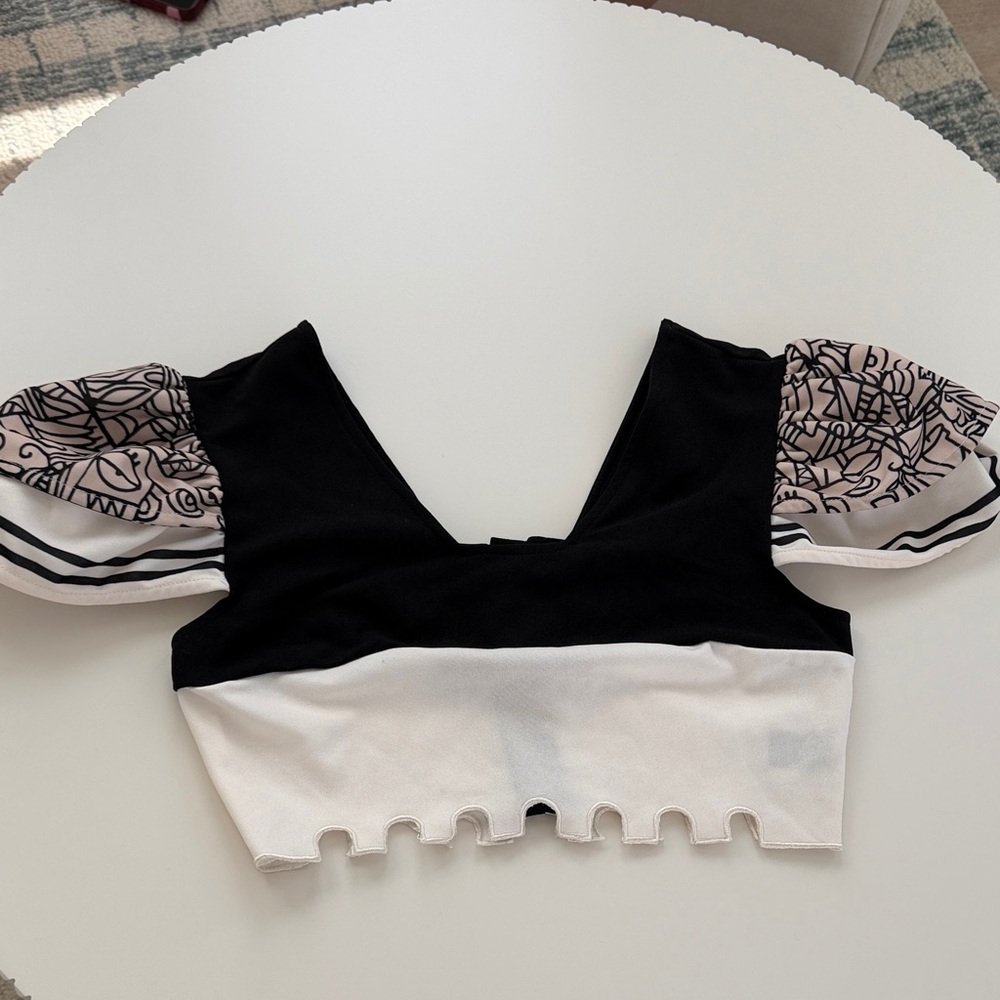 Black & White Puff Sleeve Crop Top with Patterned Sleeves